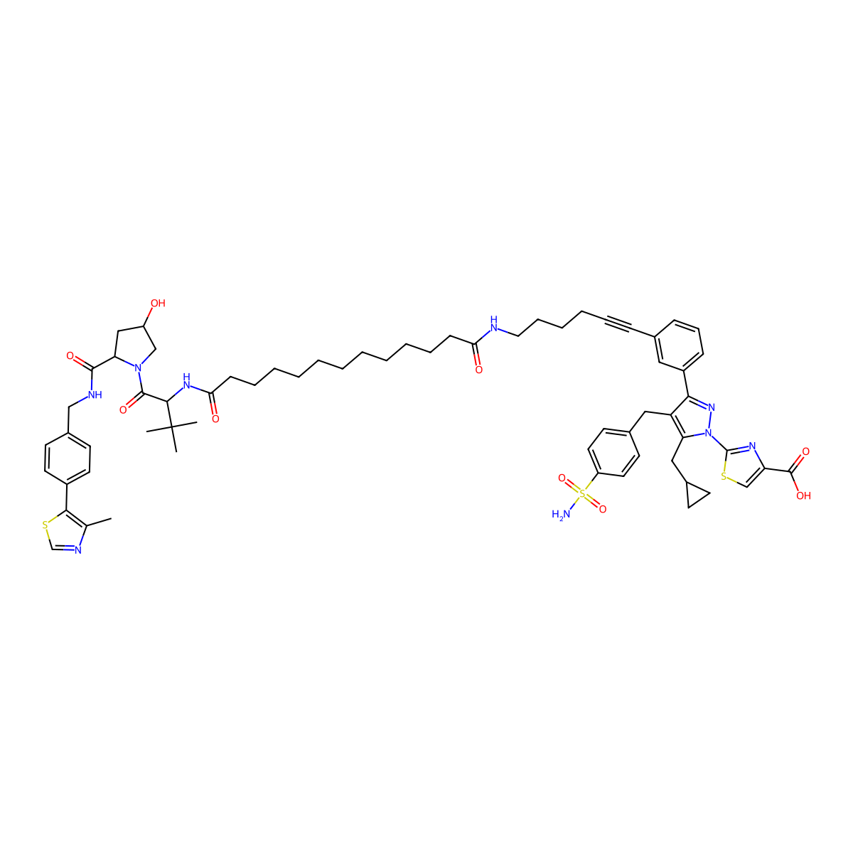 2-[5-(cyclopropylmethyl)-3-[3-[6-[[13-[[(2S)-1-[(2S,4R)-4-hydroxy-2-[[4-(4-methyl-1,3-thiazol-5-yl)phenyl]methylcarbamoyl]pyrrolidin-1-yl]-3,3-dimethyl-1-oxobutan-2-yl]amino]-13-oxotridecanoyl]amino]hex-1-ynyl]phenyl]-4-[(4-sulfamoylphenyl)methyl]pyrazol-1-yl]-1,3-thiazole-4-carboxylic acid molecular structure, CAS 2891709-58-1