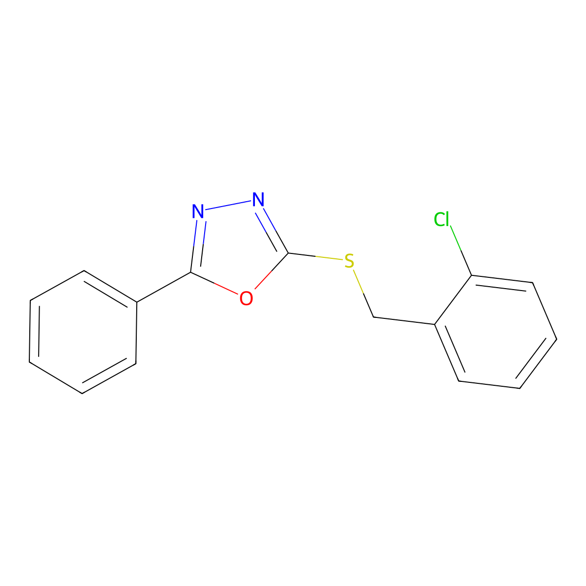 2-[(2-Chlorophenyl)methylsulfanyl]-5-phenyl-1,3,4-oxadiazole molecular structure, CAS 28923-54-8