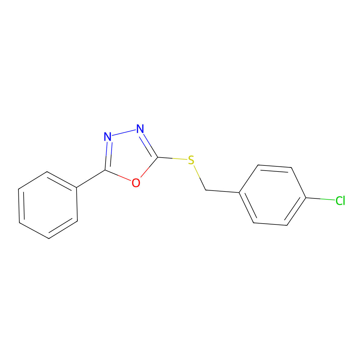 2-[(4-Chlorophenyl)methylsulfanyl]-5-phenyl-1,3,4-oxadiazole molecular structure, CAS 28923-55-9