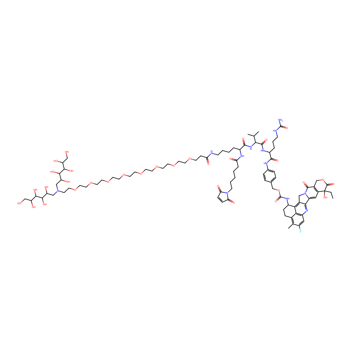 [4-[[(2S)-2-[[(2S)-2-[[(2S)-6-[3-[2-[2-[2-[2-[2-[2-[2-[2-[bis[(2S,3R,4R,5R)-2,3,4,5,6-pentahydroxyhexyl]amino]ethoxy]ethoxy]ethoxy]ethoxy]ethoxy]ethoxy]ethoxy]ethoxy]propanoylamino]-2-[6-(2,5-dioxopyrrol-1-yl)hexanoylamino]hexanoyl]amino]-3-methylbutanoyl]amino]-5-(carbamoylamino)pentanoyl]amino]phenyl]methyl N-[(10S,23S)-10-ethyl-18-fluoro-10-hydroxy-19-methyl-5,9-dioxo-8-oxa-4,15-diazahexacyclo[14.7.1.02,14.04,13.06,11.020,24]tetracosa-1,6(11),12,14,16,18,20(24)-heptaen-23-yl]carbamate molecular structure, CAS 2892336-54-6