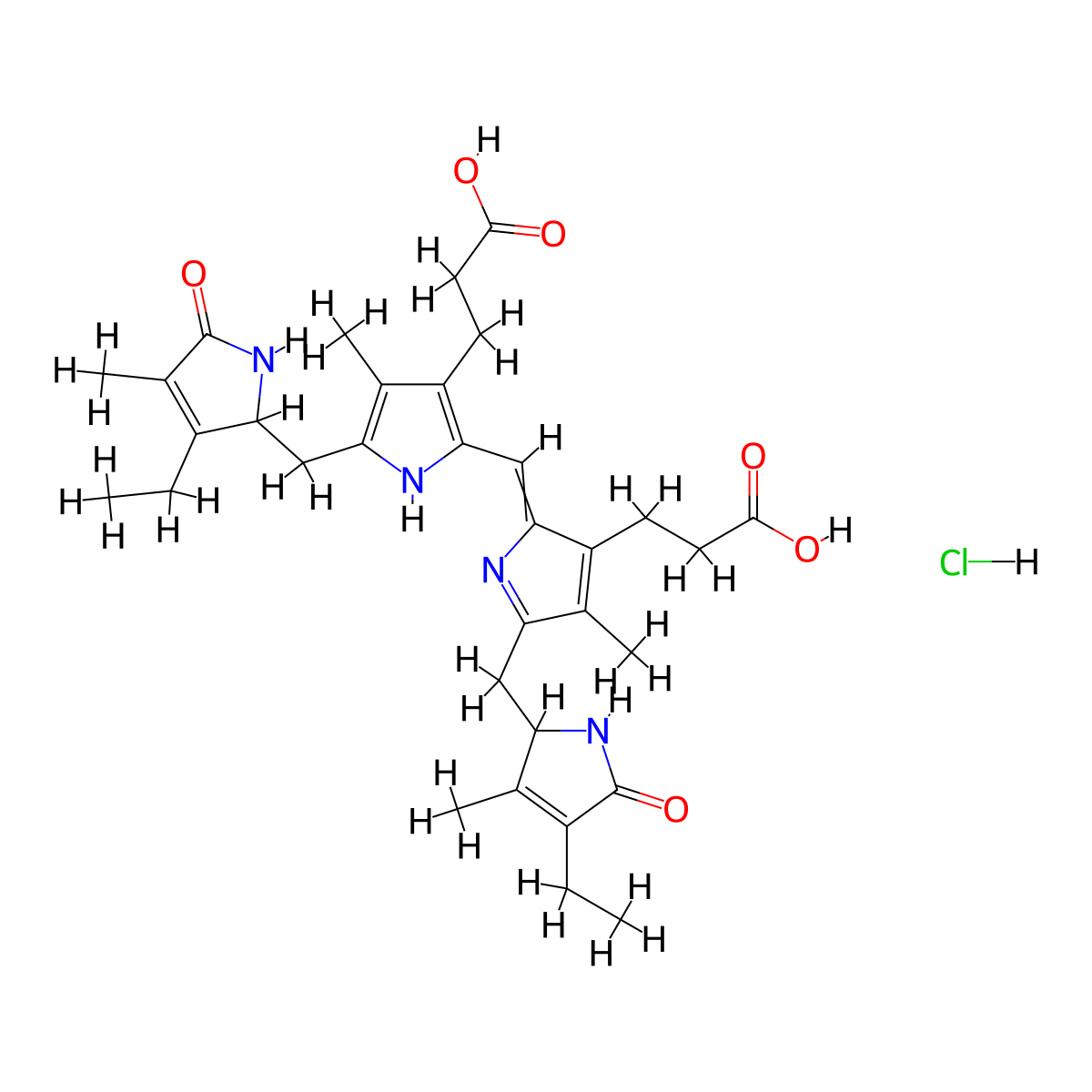 3-(2-((3-(2-carboxyethyl)-5-((3-ethyl-4-methyl-5-oxo-1,2-dihydropyrrol-2-yl)methyl)-4-methyl-1H-pyrrol-2-yl)methylidene)-5-((4-ethyl-3-methyl-5-oxo-1,2-dihydropyrrol-2-yl)methyl)-4-methylpyrrol-3-yl)propanoic acid;hydrochloride molecular structure, CAS 28925-89-5