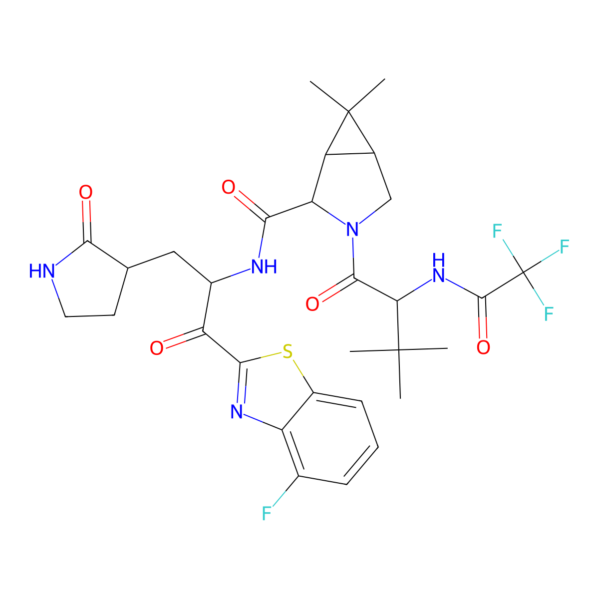 (1R,2S,5S)-3-[(2S)-3,3-dimethyl-2-[(2,2,2-trifluoroacetyl)amino]butanoyl]-N-[(2S)-1-(4-fluoro-1,3-benzothiazol-2-yl)-1-oxo-3-[(3S)-2-oxopyrrolidin-3-yl]propan-2-yl]-6,6-dimethyl-3-azabicyclo[3.1.0]hexane-2-carboxamide molecular structure, CAS 2892688-16-1