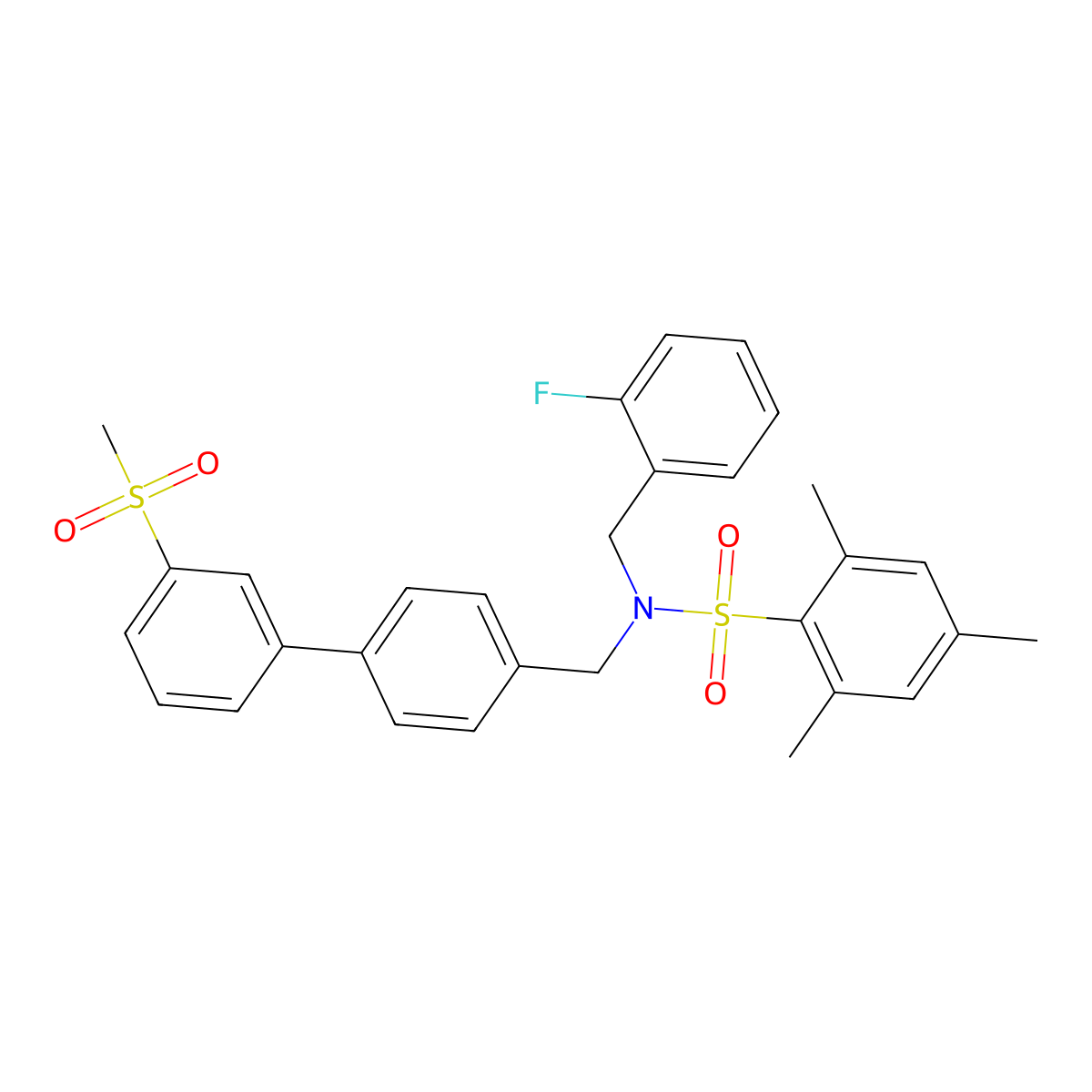 N-(2-Fluorobenzyl)-2,4,6-trimethyl-N-((3'-(methylsulfonyl)-[1,1'-biphenyl]-4-yl)methyl)benzenesulfonamide molecular structure, CAS 2893967-40-1