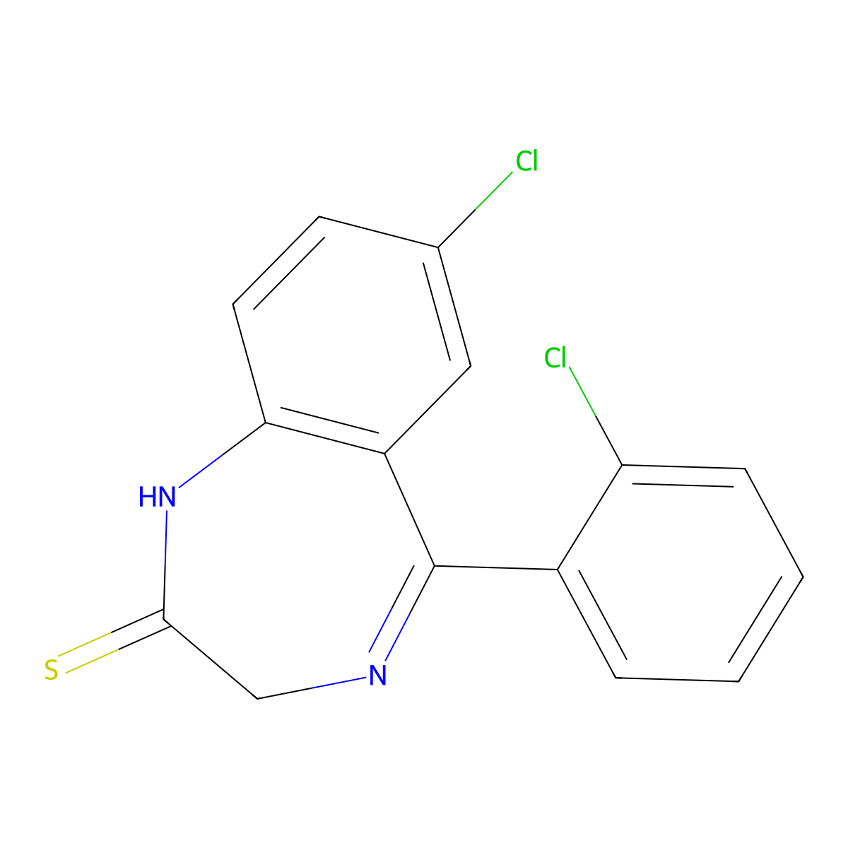 7-chloro 5-(2-chlorophenyl)-1,3-dihydro-2H-(1,4)-benzodiazepine-2-thione molecular structure, CAS 2894-71-5