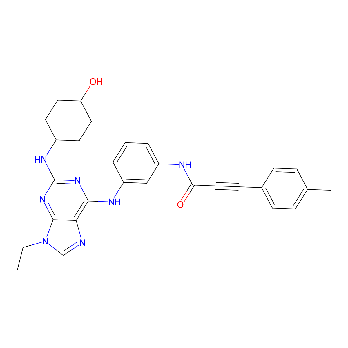 N-[3-[[9-ethyl-2-[(4-hydroxycyclohexyl)amino]purin-6-yl]amino]phenyl]-3-(4-methylphenyl)prop-2-ynamide molecular structure, CAS 289479-94-3