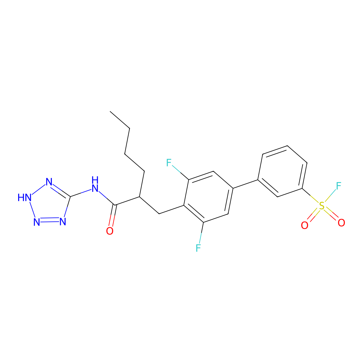 3-[3,5-difluoro-4-[(2S)-2-(2H-tetrazol-5-ylcarbamoyl)hexyl]phenyl]benzenesulfonyl fluoride molecular structure, CAS 2894832-05-2