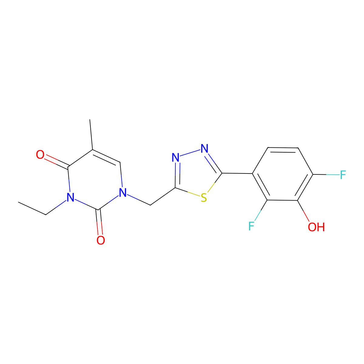 1-((5-(2,4-Difluoro-3-hydroxyphenyl)-1,3,4-thiadiazol-2-yl)methyl)-3-ethyl-5-methylpyrimidine-2,4(1H,3H)-dione molecular structure, CAS 2894848-07-6