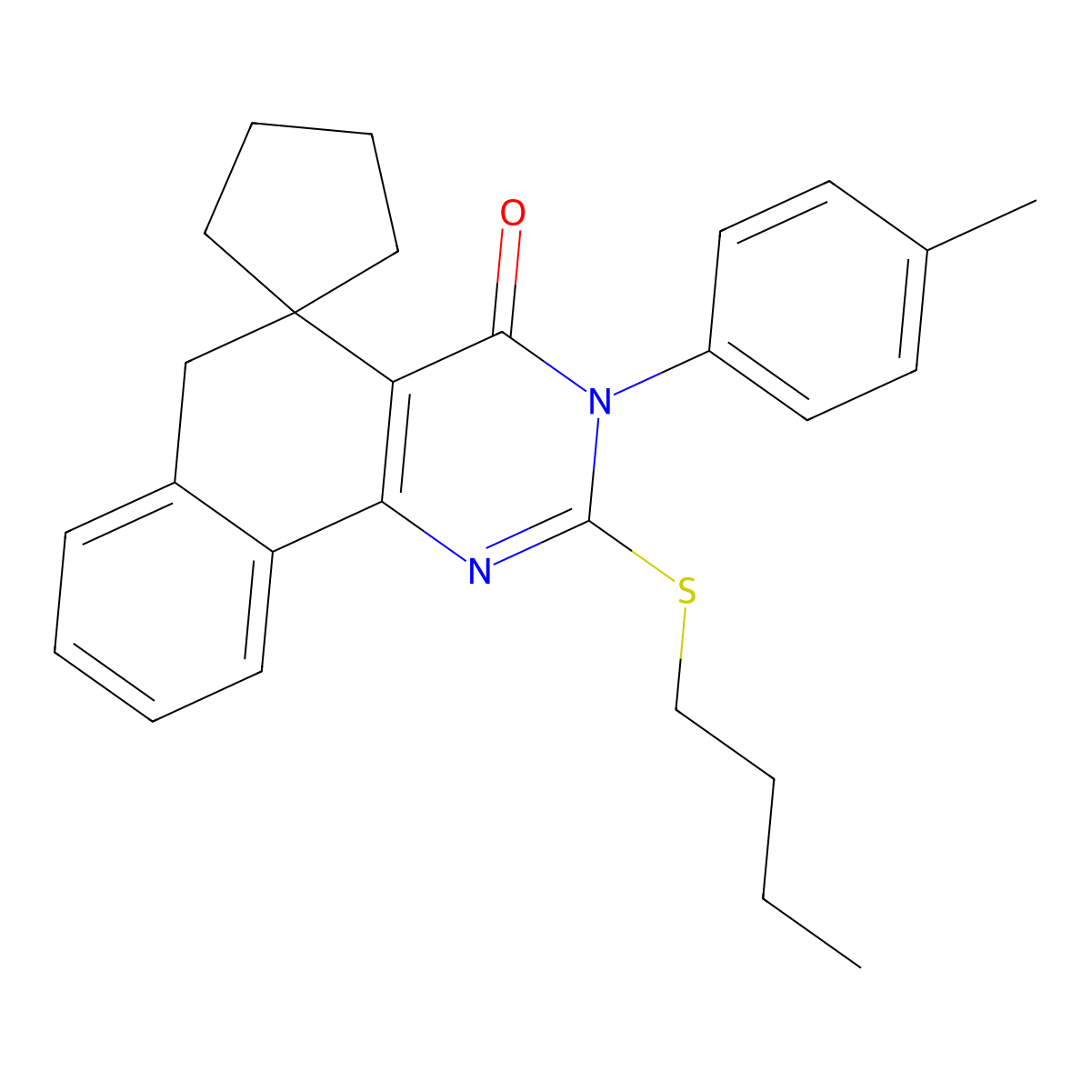 2-(butylsulfanyl)-3-(4-methylphenyl)-5,6-dihydrospiro(benzo[h]quinazoline-5,1'-cyclopentane)-4(3H)-one molecular structure, CAS 289711-64-4