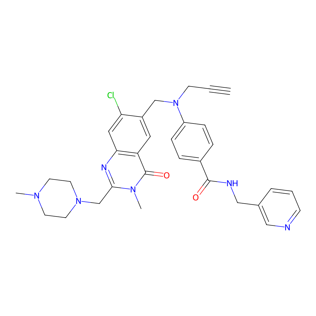 Benzamide, 4-(((7-chloro-3,4-dihydro-3-methyl-2-((4-methyl-1-piperazinyl)methyl)-4-oxo-6-quinazolinyl)methyl)-2-propyn-1-ylamino)-N-(3-pyridinylmethyl)- molecular structure, CAS 289715-28-2