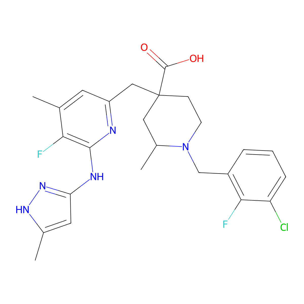 (2R,4R)-1-[(3-chloro-2-fluorophenyl)methyl]-4-[[5-fluoro-4-methyl-6-[(5-methyl-1H-pyrazol-3-yl)amino]-2-pyridinyl]methyl]-2-methylpiperidine-4-carboxylic acid molecular structure, CAS 2899209-55-1