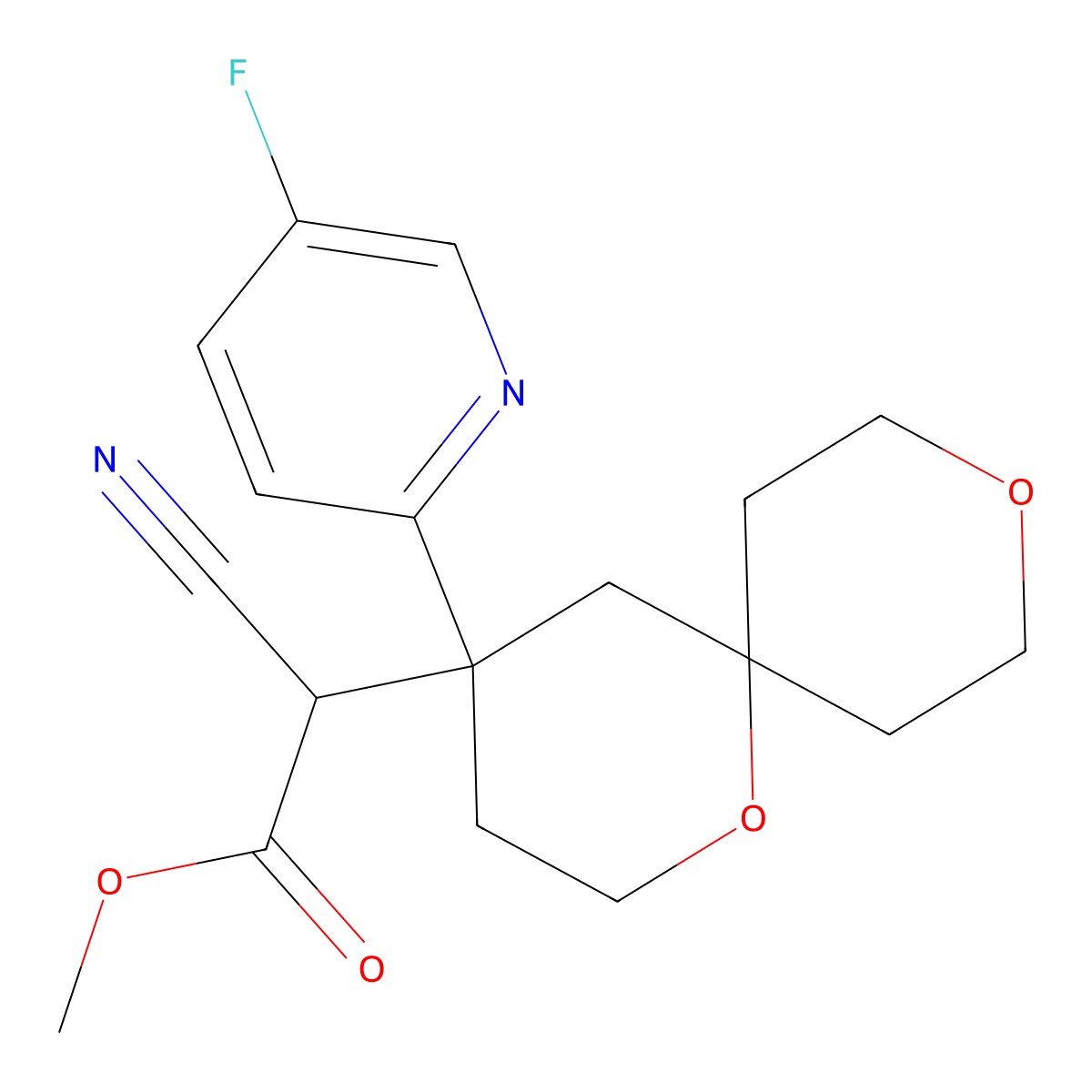 Methyl 2-cyano-2-(4-(5-fluoropyridin-2-YL)-1,9-dioxaspiro[5.5]undecan-4-YL)acetate molecular structure, CAS 2899653-94-0