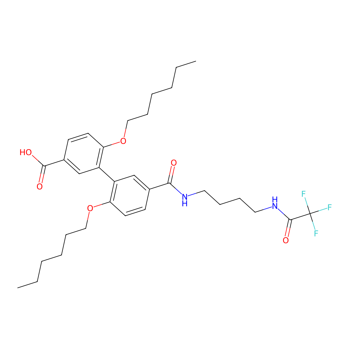 2',6-Bis(hexyloxy)-5'-((4-(2,2,2-trifluoroacetamido)butyl)carbamoyl)-[1,1'-biphenyl]-3-carboxylic acid molecular structure, CAS 2901039-58-3