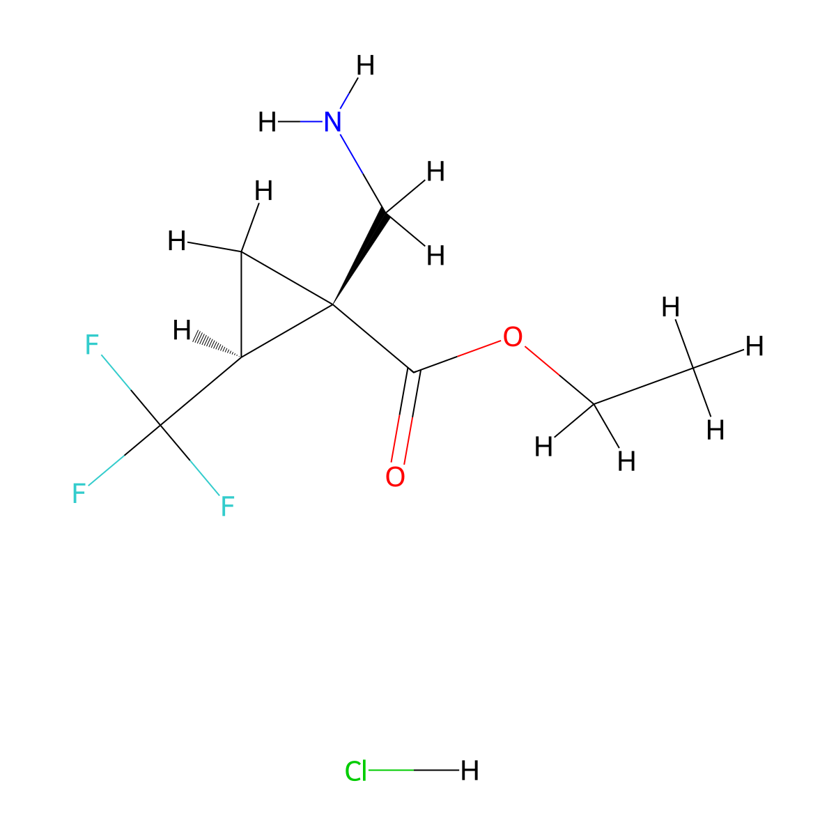 rac-ethyl (1R,2R)-1-(aminomethyl)-2-(trifluoromethyl)cyclopropane-1-carboxylate hydrochloride, cis molecular structure, CAS 2901044-37-7