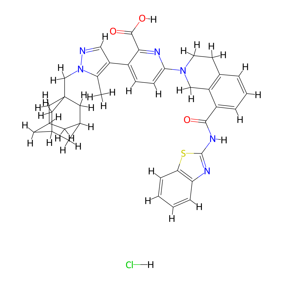 3-{1-[(adamantan-1-yl)methyl]-5-methyl-1H-pyrazol-4-yl}-6-{8-[(1,3-benzothiazol-2-yl)carbamoyl]-1,2,3,4-tetrahydroisoquinolin-2-yl}pyridine-2-carboxylic acid hydrochloride molecular structure, CAS 2901066-62-2