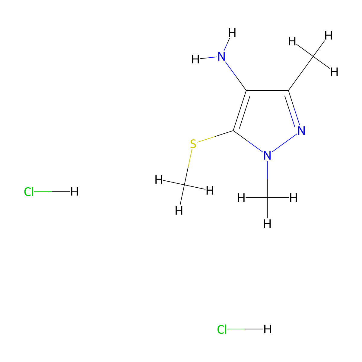 1,3-dimethyl-5-(methylsulfanyl)-1H-pyrazol-4-amine dihydrochloride molecular structure, CAS 2901081-93-2