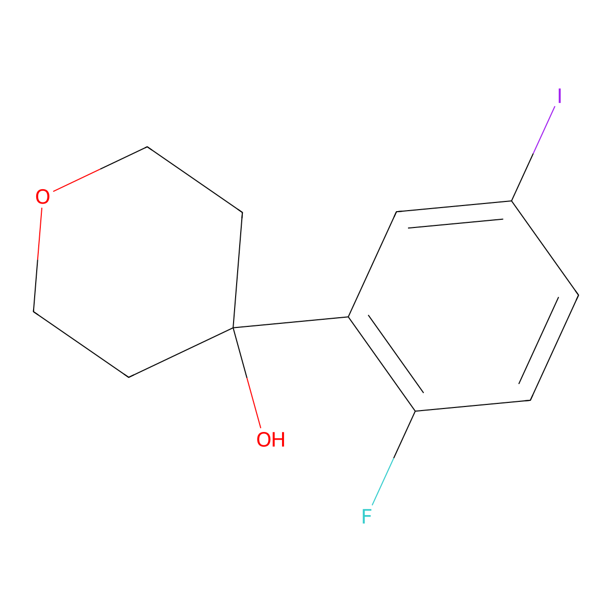 4-(2-Fluoro-5-iodophenyl)tetrahydro-2H-pyran-4-ol molecular structure, CAS 2901085-02-5