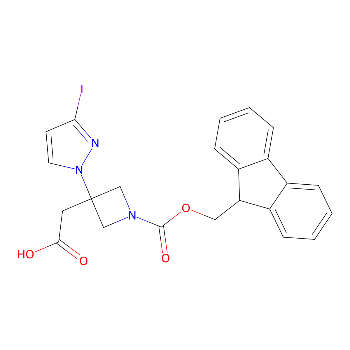 2-(1-{[(9H-fluoren-9-yl)methoxy]carbonyl}-3-(3-iodo-1H-pyrazol-1-yl)azetidin-3-yl)acetic acid molecular structure, CAS 2901095-53-0