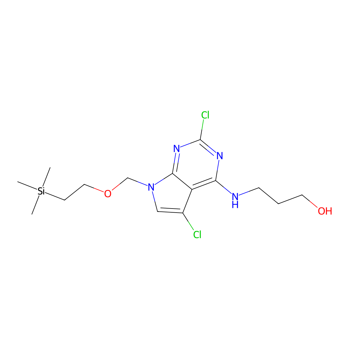 3-((2,5-Dichloro-7-((2-(trimethylsilyl)ethoxy)methyl)-7H-pyrrolo[2,3-D]pyrimidin-4-YL)amino)propan-1-OL molecular structure, CAS 2901100-05-6