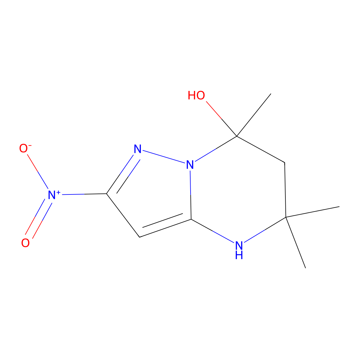 5,5,7-trimethyl-2-nitro-4H,5H,6H,7H-pyrazolo[1,5-a]pyrimidin-7-ol molecular structure, CAS 2901100-11-4