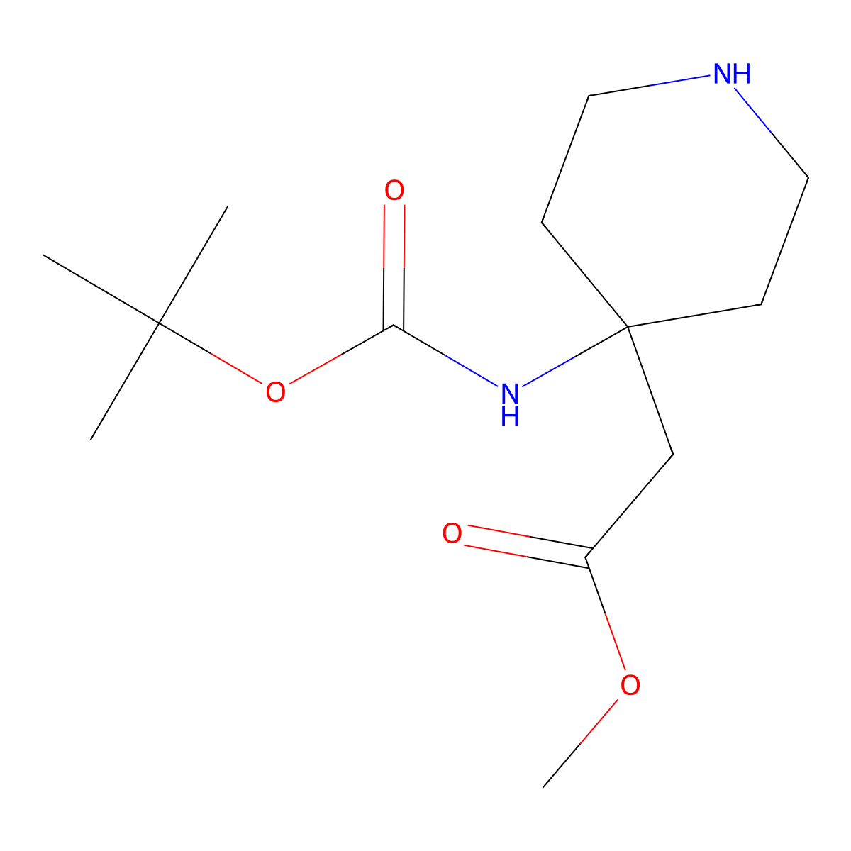 Methyl 2-(4-(((tert-butoxy)carbonyl)amino)piperidin-4-yl)acetate molecular structure, CAS 2901100-18-1