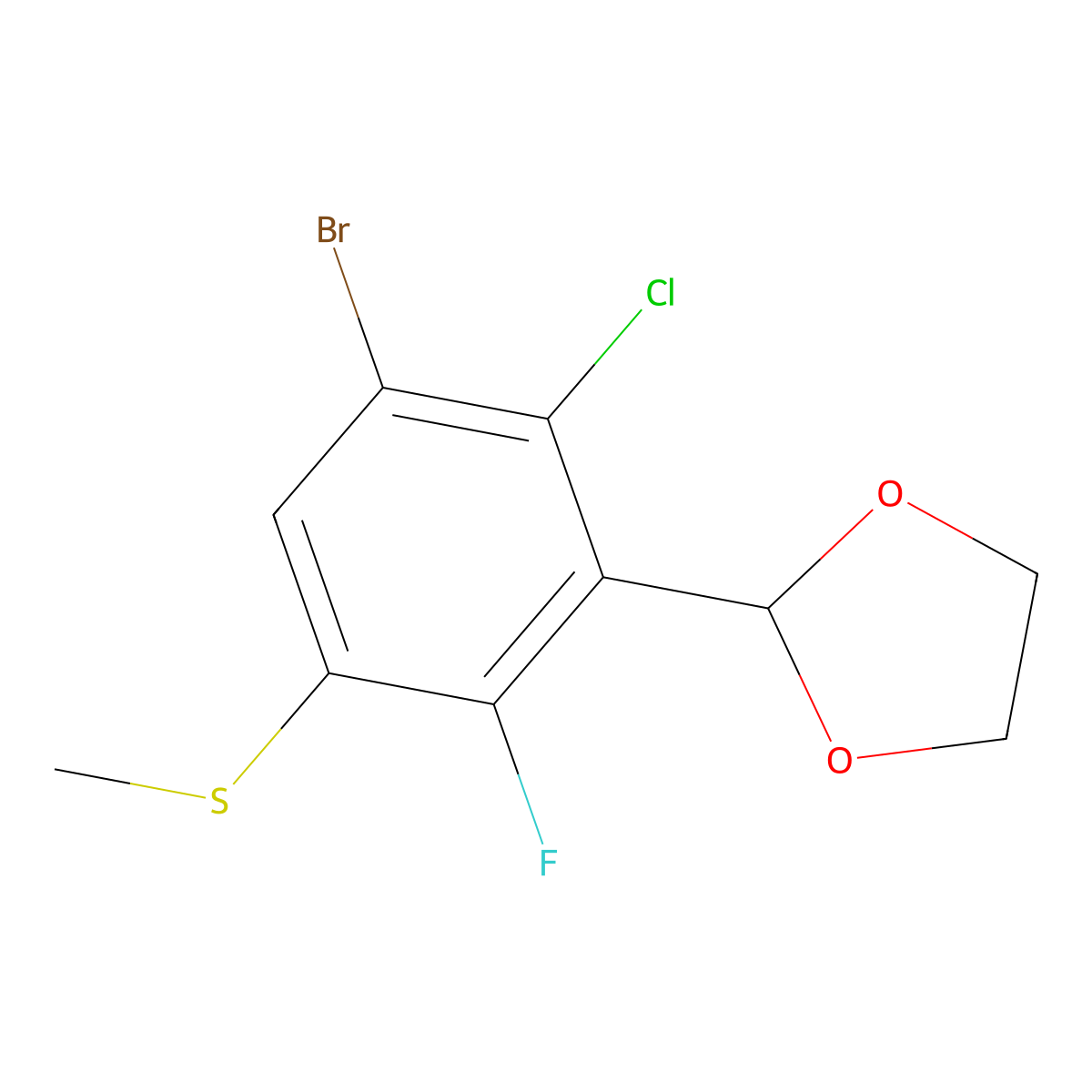 2-(3-Bromo-2-chloro-6-fluoro-5-(methylthio)phenyl)-1,3-dioxolane molecular structure, CAS 2901105-57-3