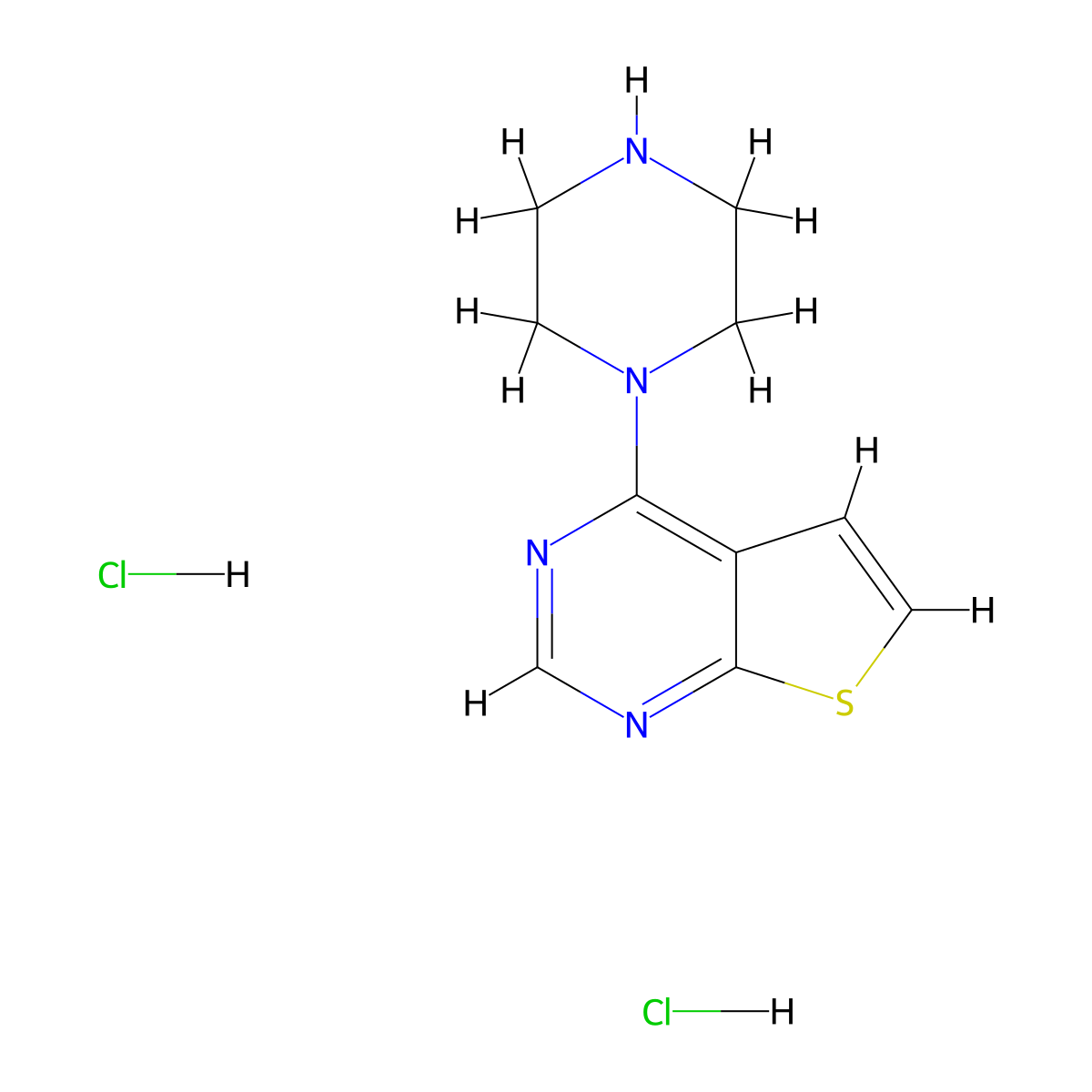 1-{Thieno[2,3-d]pyrimidin-4-yl}piperazine dihydrochloride molecular structure, CAS 2901106-24-7