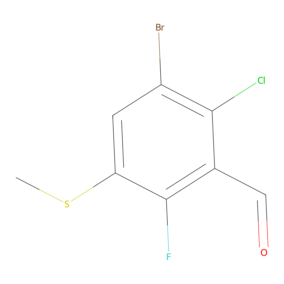 3-Bromo-2-chloro-6-fluoro-5-(methylthio)benZaldehyde molecular structure, CAS 2901109-80-4