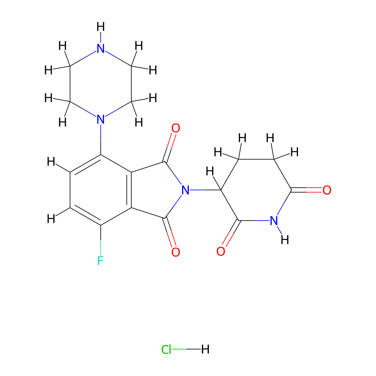 2-(2,6-dioxopiperidin-3-yl)-4-fluoro-7-(piperazin-1-yl)-2,3-dihydro-1H-isoindole-1,3-dione hydrochloride molecular structure, CAS 2901864-00-2