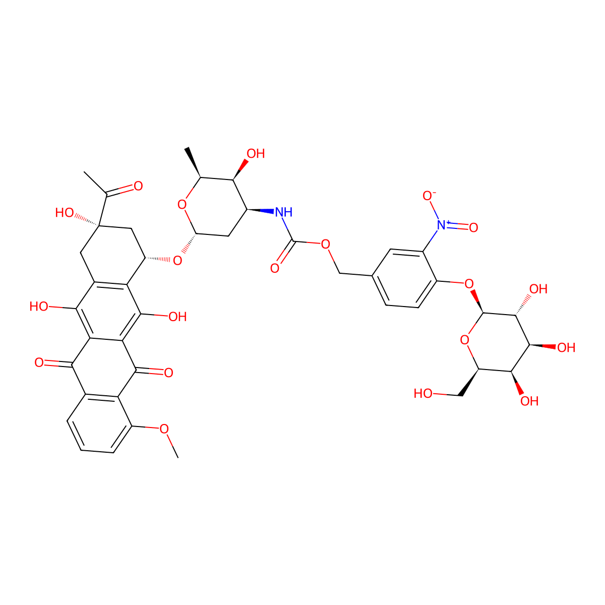 [3-Nitro-4-[(2S,3R,4S,5R,6R)-3,4,5-trihydroxy-6-(hydroxymethyl)oxan-2-yl]oxyphenyl]methyl N-[(2S,3S,4S,6R)-6-[[(1S,3S)-3-acetyl-3,5,12-trihydroxy-10-methoxy-6,11-dioxo-2,4-dihydro-1H-tetracen-1-yl]oxy]-3-hydroxy-2-methyloxan-4-yl]carbamate molecular structure, CAS 290304-24-4