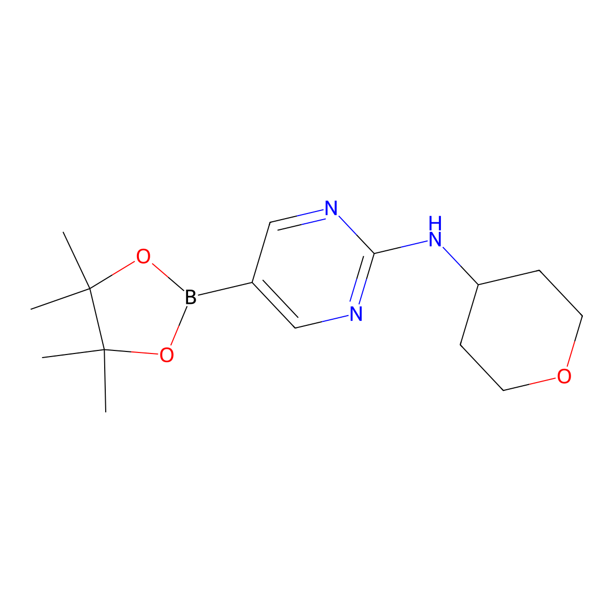 N-(oxan-4-yl)-5-(4,4,5,5-tetramethyl-1,3,2-dioxaborolan-2-yl)pyrimidin-2-amine molecular structure, CAS 2906109-26-8