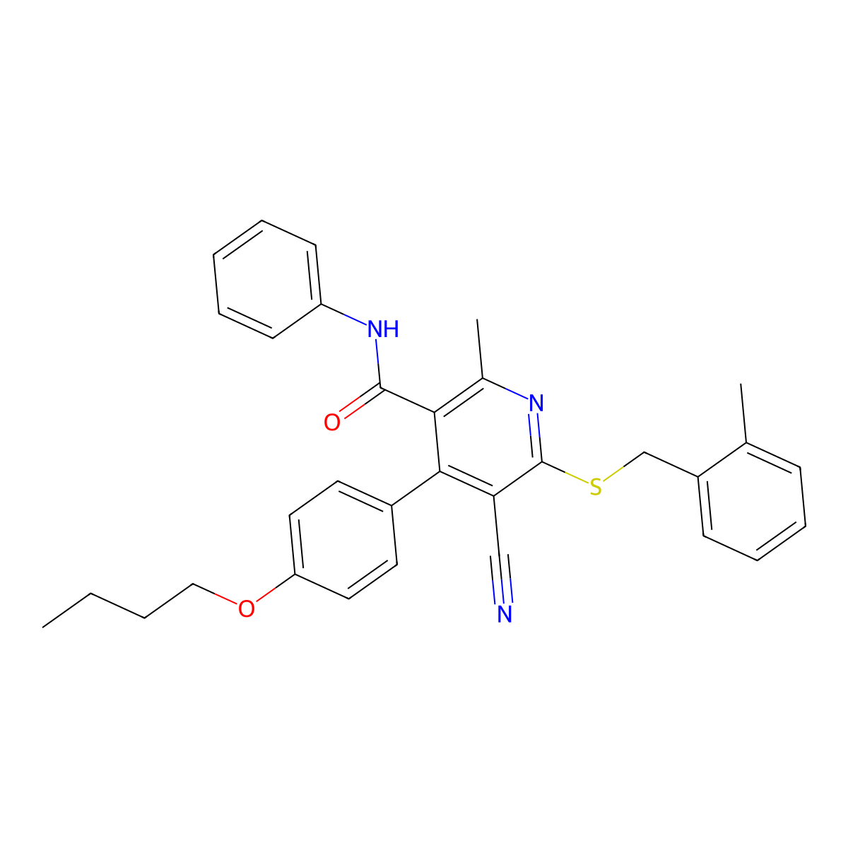 4-(4-butoxyphenyl)-5-cyano-2-methyl-6-[(2-methylphenyl)methylsulfanyl]-N-phenylpyridine-3-carboxamide molecular structure, CAS 290829-62-8