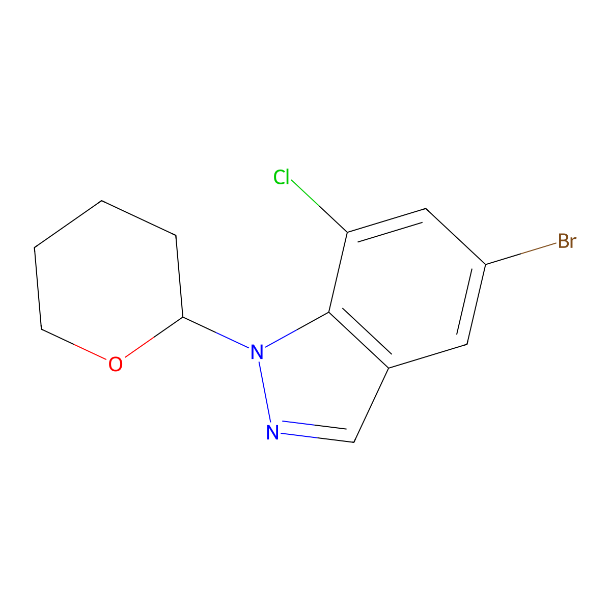 1H-Indazole, 5-bromo-7-chloro-1-(tetrahydro-2H-pyran-2-yl)- molecular structure, CAS 2908757-74-2