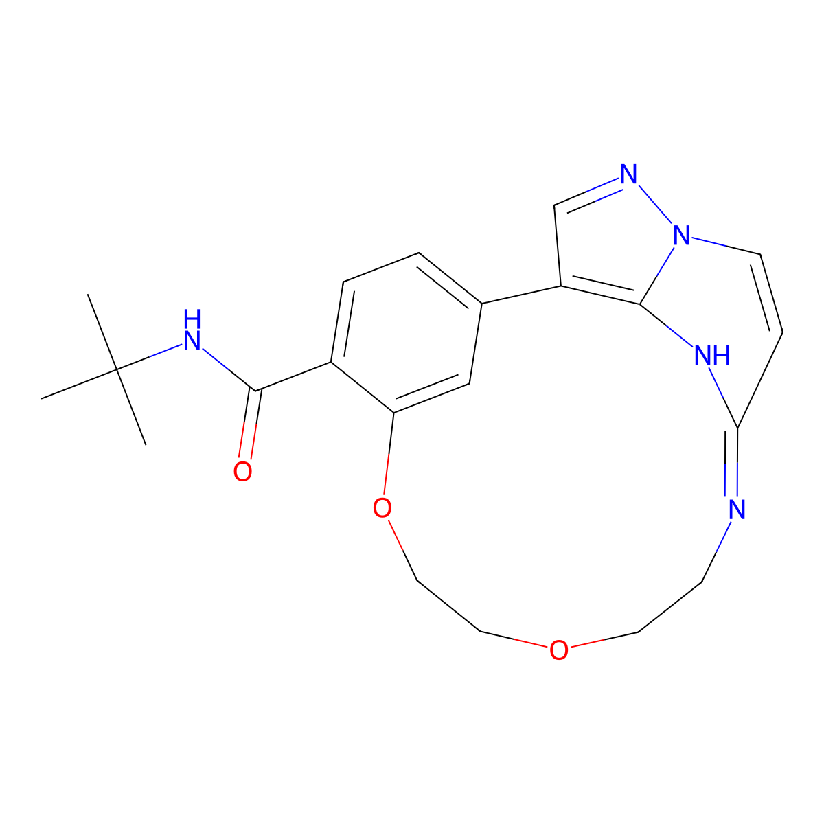 N-tert-butyl-7,10-dioxa-13,17,18,21-tetrazatetracyclo[12.5.2.12,6.017,20]docosa-1(20),2(22),3,5,14(21),15,18-heptaene-5-carboxamide molecular structure, CAS 2910938-59-7