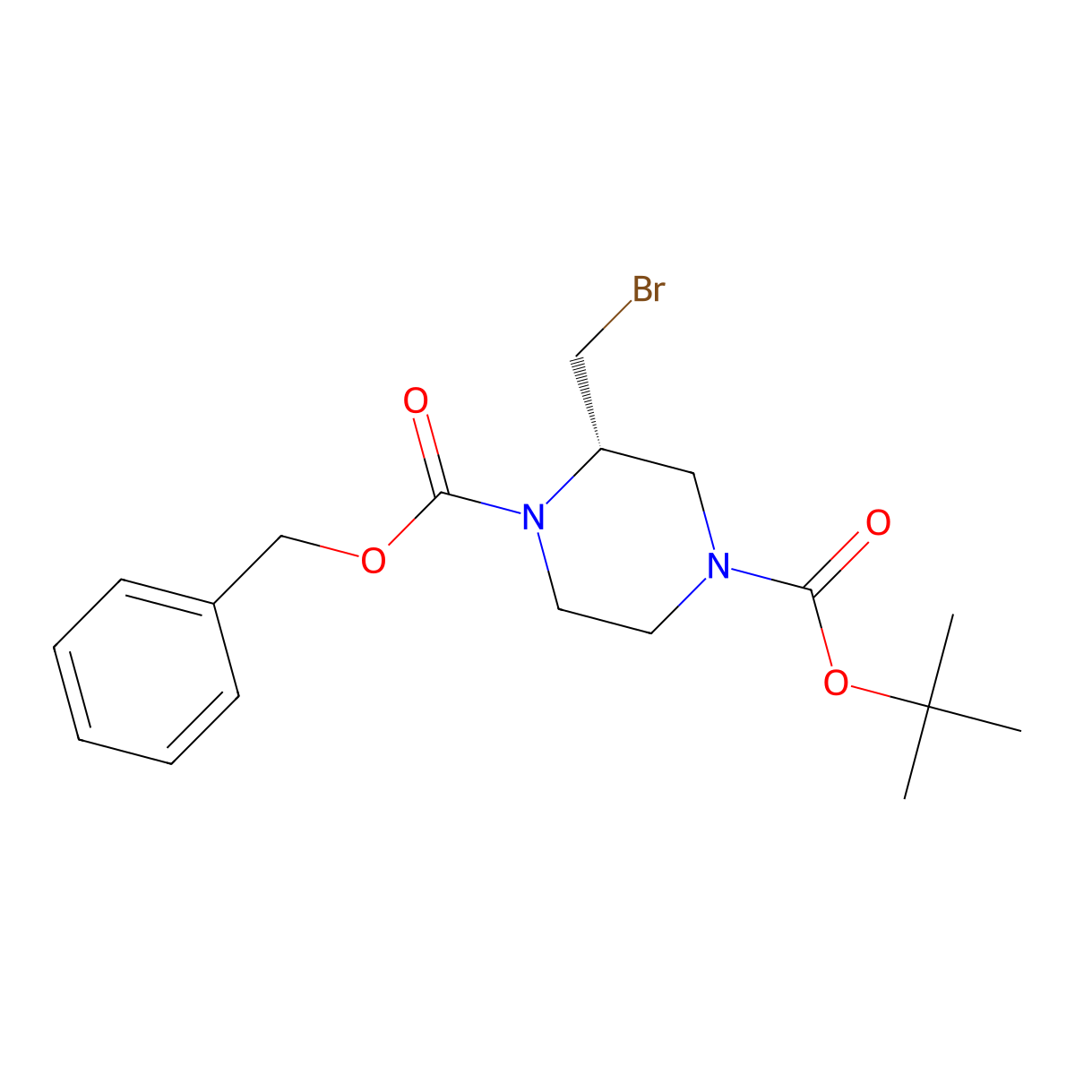 1-benzyl 4-tert-butyl (2S)-2-(bromomethyl)piperazine-1,4-dicarboxylate molecular structure, CAS 2913185-66-5