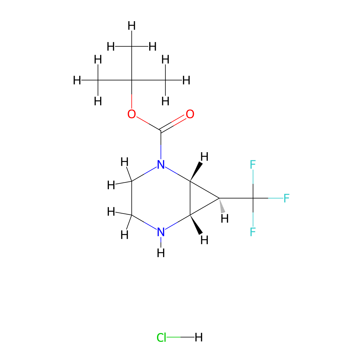 tert-butyl (1R,6S,7S)-7-(trifluoromethyl)-2,5-diazabicyclo[4.1.0]heptane-2-carboxylate hydrochloride molecular structure, CAS 2913229-28-2