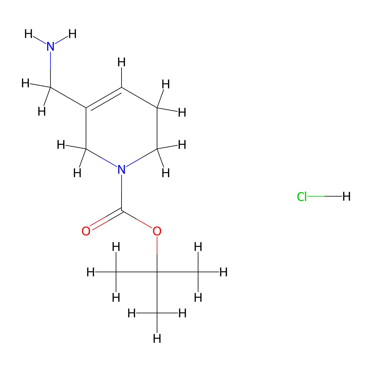 Tert-butyl 5-(aminomethyl)-1,2,3,6-tetrahydropyridine-1-carboxylate hydrochloride molecular structure, CAS 2913278-86-9