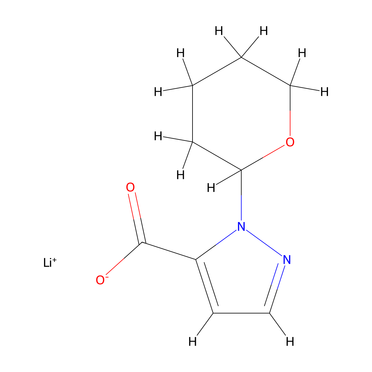 lithium(1+) 1-(oxan-2-yl)-1H-pyrazole-5-carboxylate molecular structure, CAS 2913279-81-7