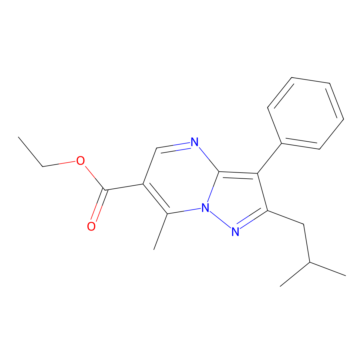 Ethyl 7-methyl-2-(2-methylpropyl)-3-phenylpyrazolo[1,5-a]pyrimidine-6-carboxylate molecular structure, CAS 2913280-26-7