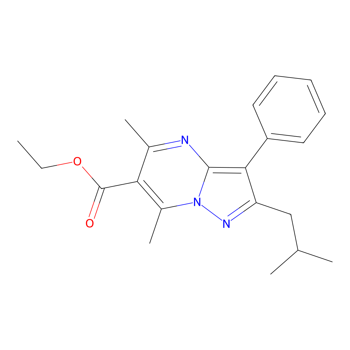 Ethyl 5,7-dimethyl-2-(2-methylpropyl)-3-phenylpyrazolo(1,5-a)pyrimidine-6-carboxylate molecular structure, CAS 2913280-30-3