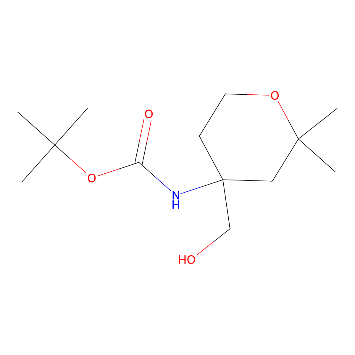 tert-butyl N-[4-(hydroxymethyl)-2,2-dimethyloxan-4-yl]carbamate molecular structure, CAS 2913397-33-6