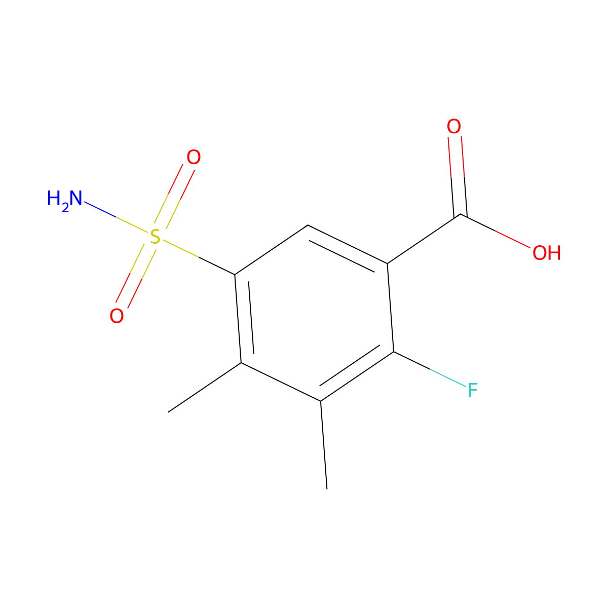2-Fluoro-3,4-dimethyl-5-sulfamoylbenzoic acid molecular structure, CAS 2913403-13-9