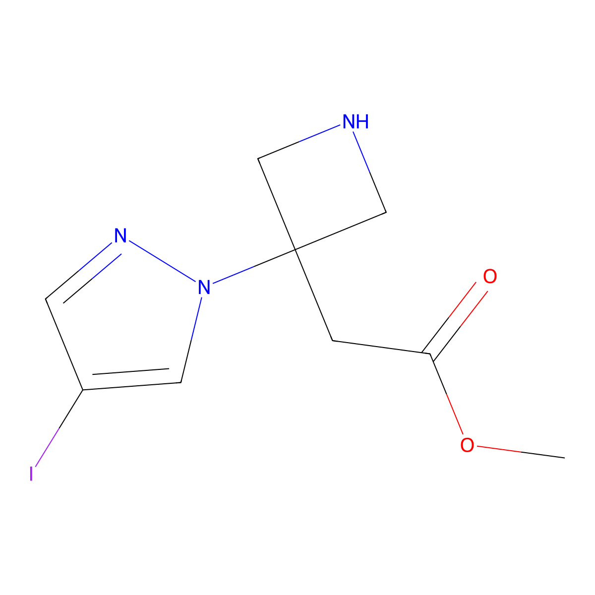 methyl 2-[3-(4-iodo-1H-pyrazol-1-yl)azetidin-3-yl]acetate molecular structure, CAS 2913403-27-5
