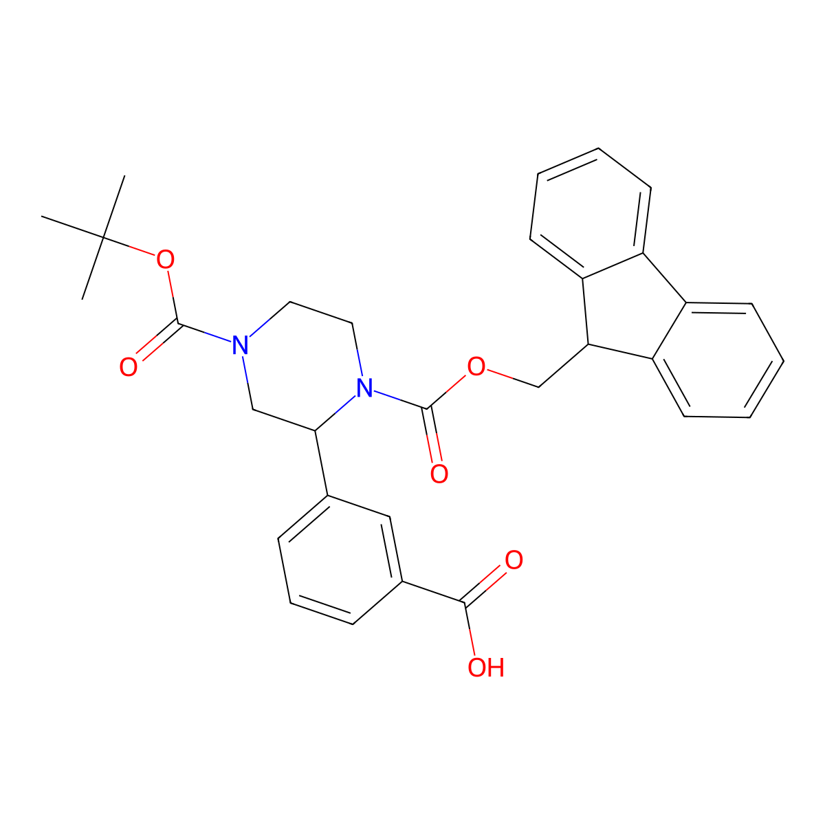 3-{4-[(tert-butoxy)carbonyl]-1-{[(9H-fluoren-9-yl)methoxy]carbonyl}piperazin-2-yl}benzoic acid molecular structure, CAS 2913406-46-7