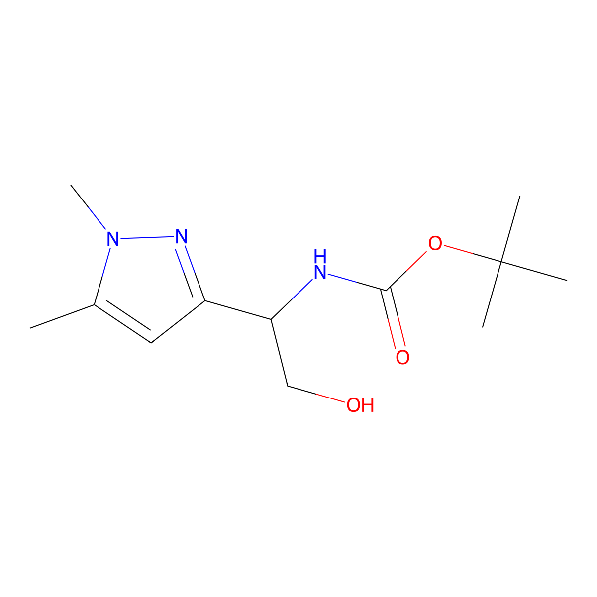 tert-butyl N-[1-(1,5-dimethyl-1H-pyrazol-3-yl)-2-hydroxyethyl]carbamate molecular structure, CAS 2913407-11-9