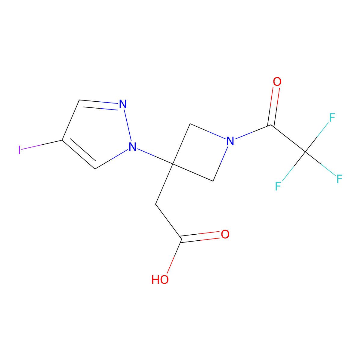 2-[3-(4-iodo-1H-pyrazol-1-yl)-1-(2,2,2-trifluoroacetyl)azetidin-3-yl]acetic acid molecular structure, CAS 2913407-12-0