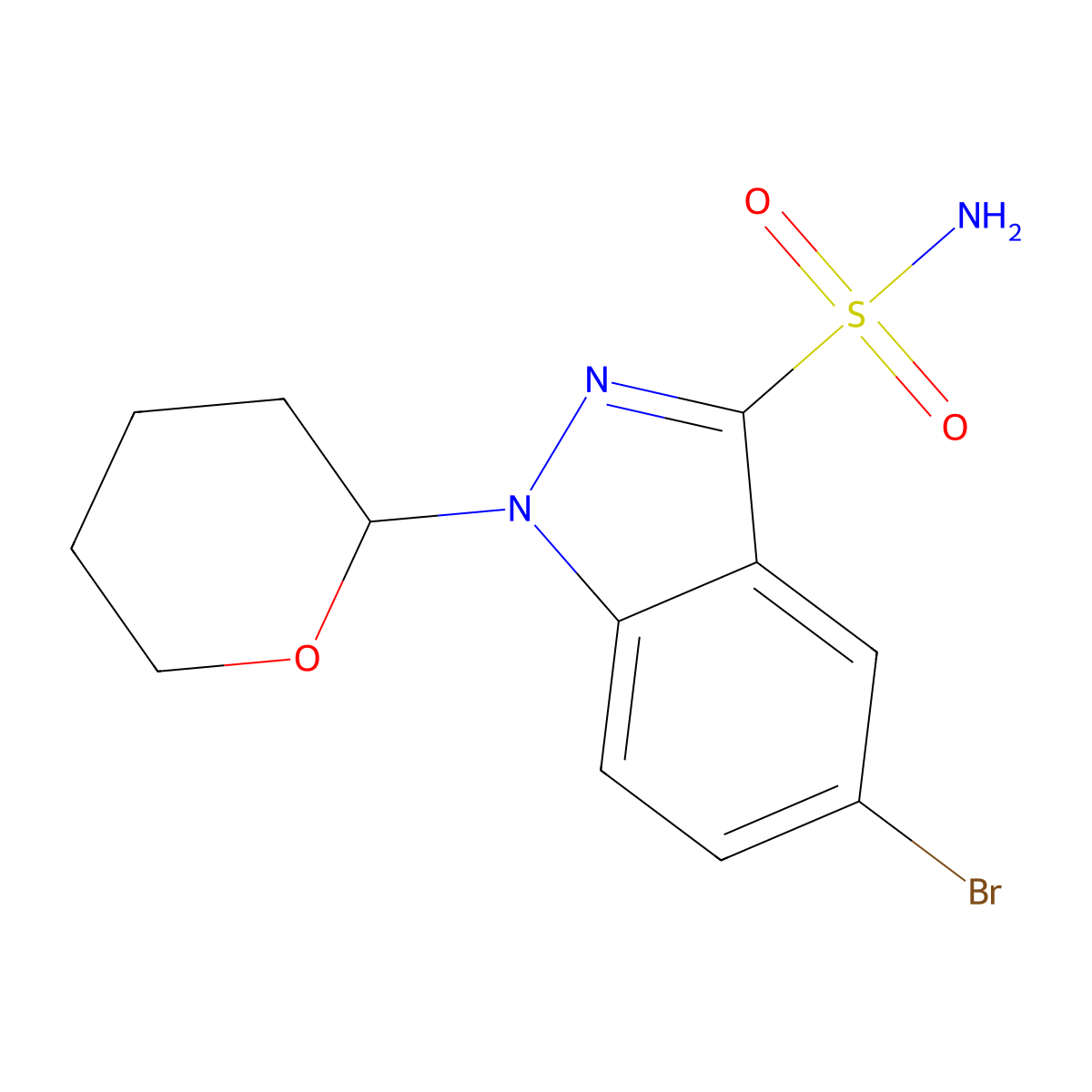5-bromo-1-(oxan-2-yl)-1H-indazole-3-sulfonamide molecular structure, CAS 2913407-79-9