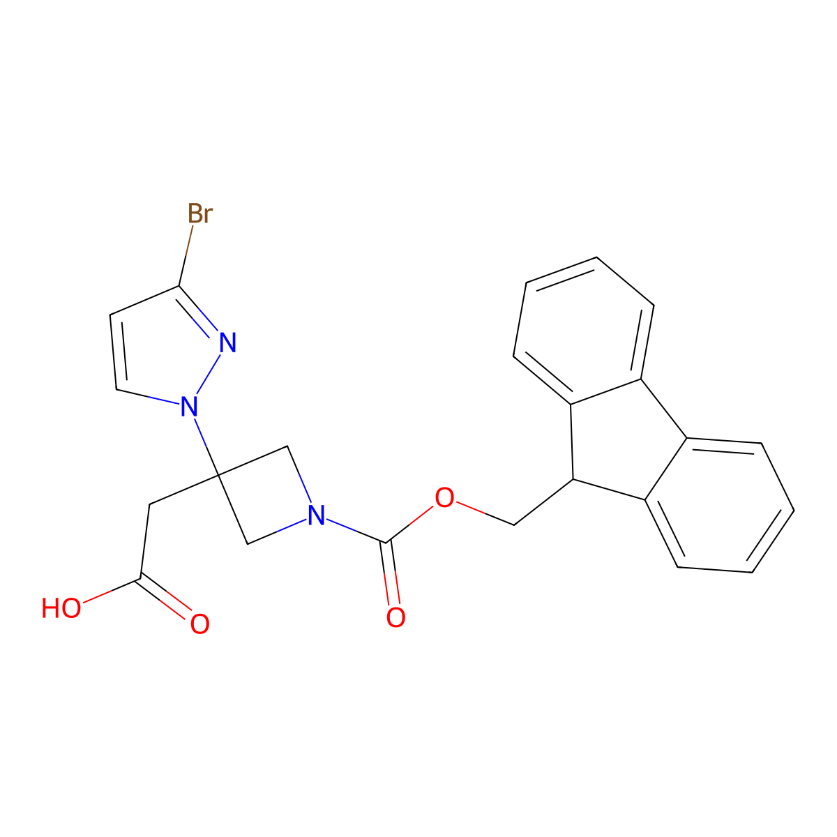2-[3-(3-bromo-1H-pyrazol-1-yl)-1-{[(9H-fluoren-9-yl)methoxy]carbonyl}azetidin-3-yl]acetic acid molecular structure, CAS 2913409-25-1