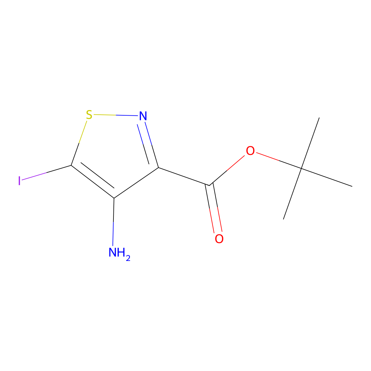 Tert-butyl 4-amino-5-iodo-1,2-thiazole-3-carboxylate molecular structure, CAS 2913411-98-8
