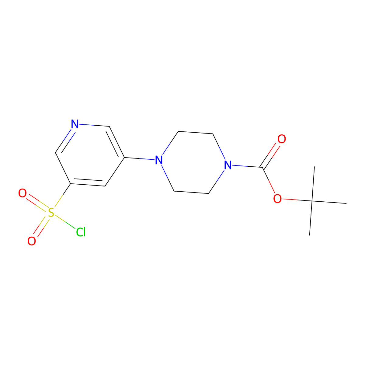 Tert-butyl 4-[5-(chlorosulfonyl)pyridin-3-yl]piperazine-1-carboxylate molecular structure, CAS 2913412-21-0