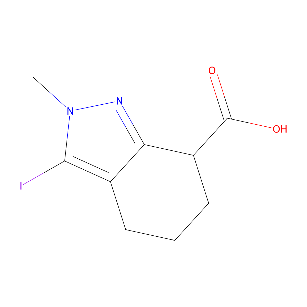 3-iodo-2-methyl-4,5,6,7-tetrahydro-2H-indazole-7-carboxylic acid molecular structure, CAS 2913415-45-7